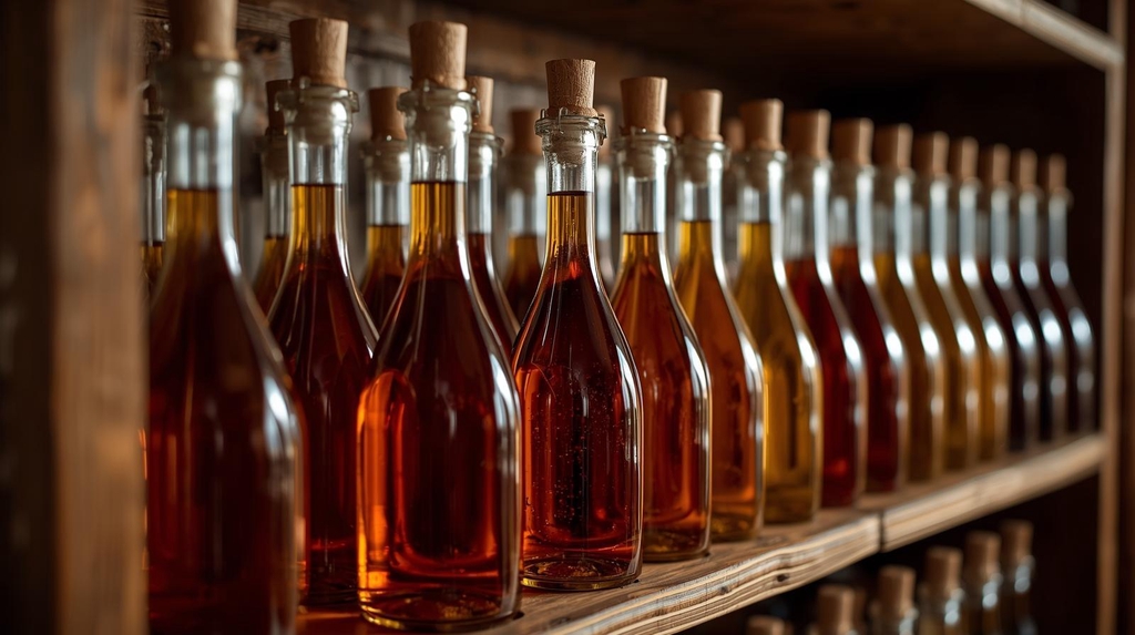 Regal voller Essig- und Ölflaschen