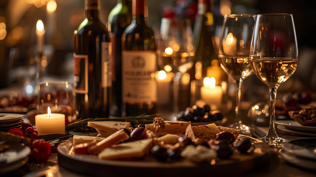 stimmungsvolle situation mit kerzen, käse und Weingläsern