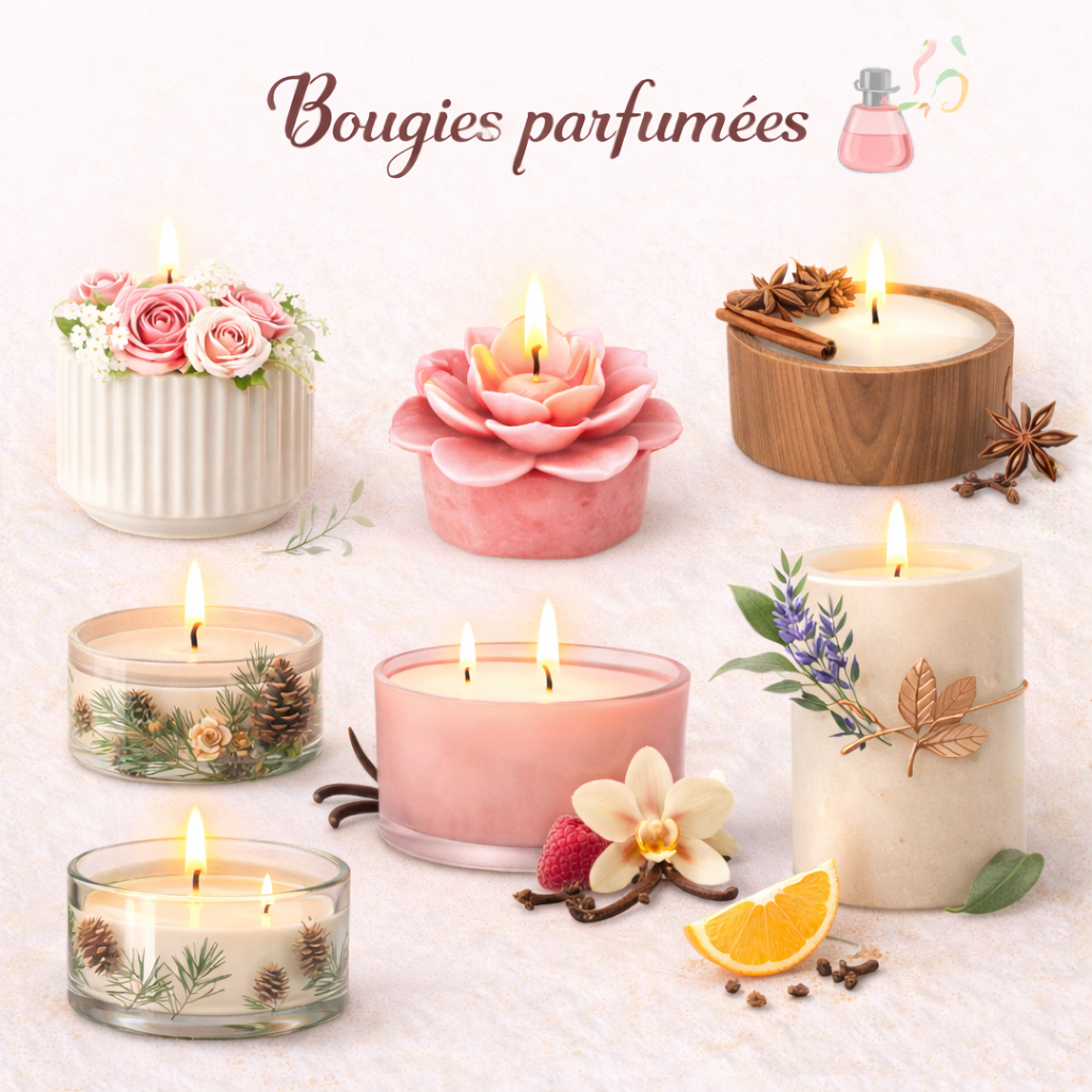 Découvrez notre collection de bougies parfumées artisanales, aux senteurs délicates et enveloppantes, idéales pour créer une ambiance chaleureuse et raffinée dans votre intérieur.