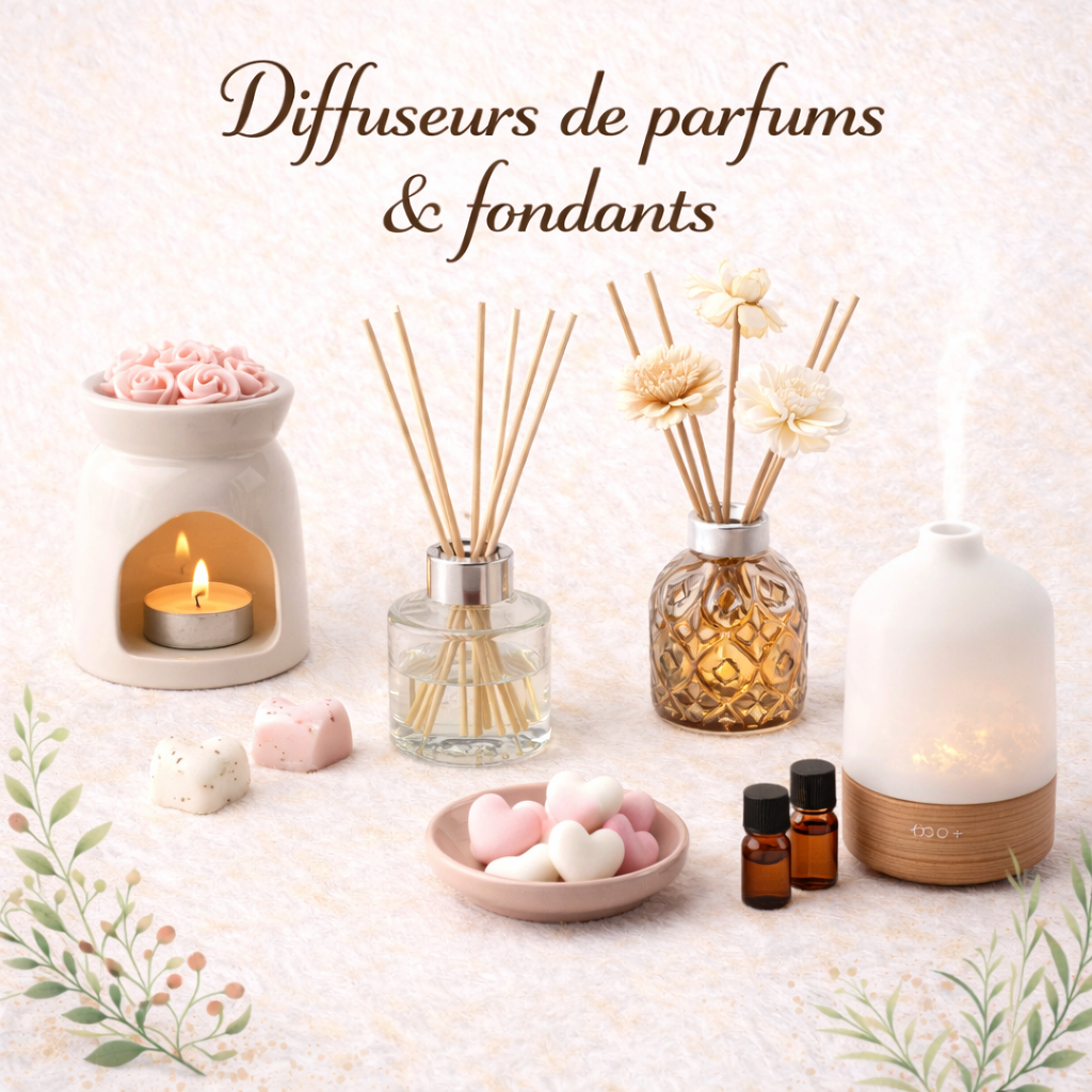 Découvrez ma collection de diffuseurs de parfum et fondants parfumés pour la maison, conçus pour parfumer durablement votre intérieur. Diffuseur de parfum décoratif, fondant parfumé artisanal, senteurs florales, gourmandes ou boisées : créez une ambiance chaleureuse, relaxante et élégante dans chaque pièce de votre maison. 