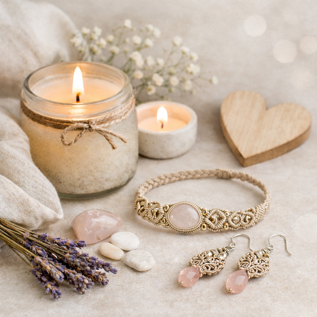 Bougie artisanale et bijoux micro-macramé faits main, création bien-être.