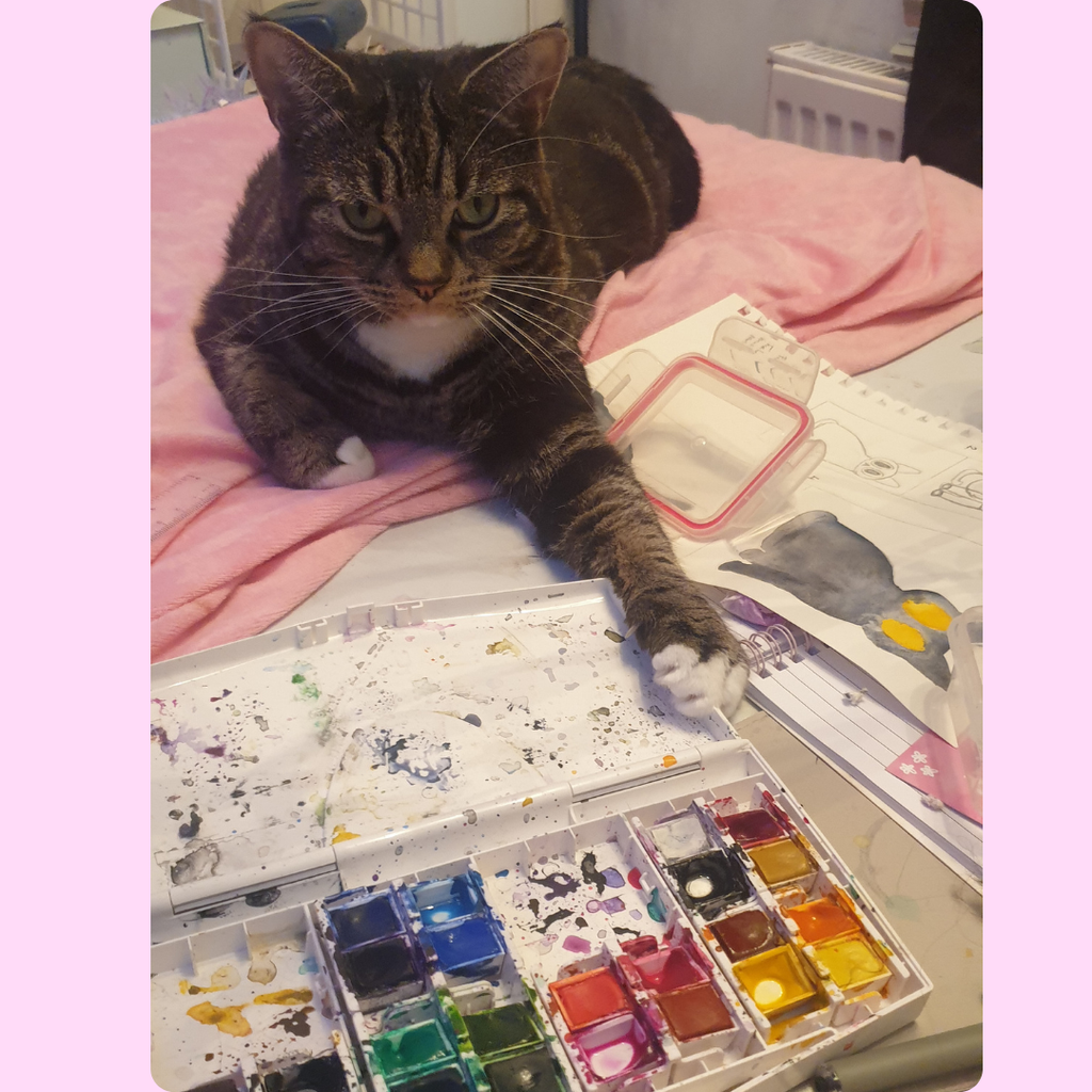 Image of Willow surrounded by water colour supplies