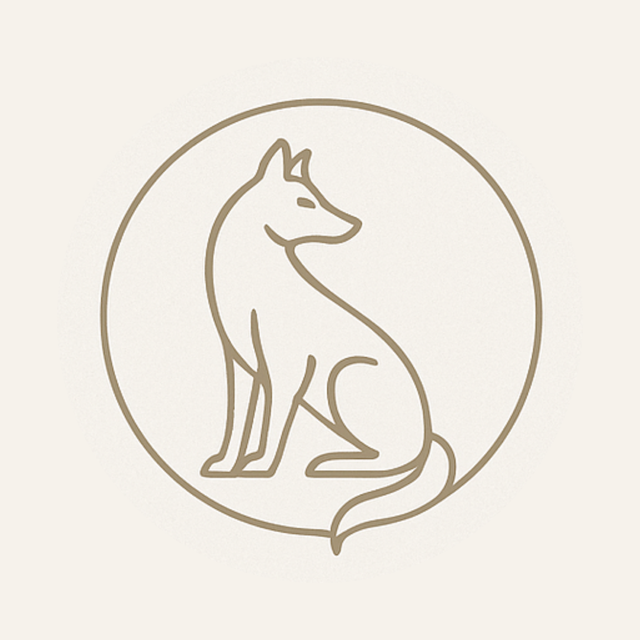 Logo La Louve Dorée, taupe wolf getekend op beige achtergrond