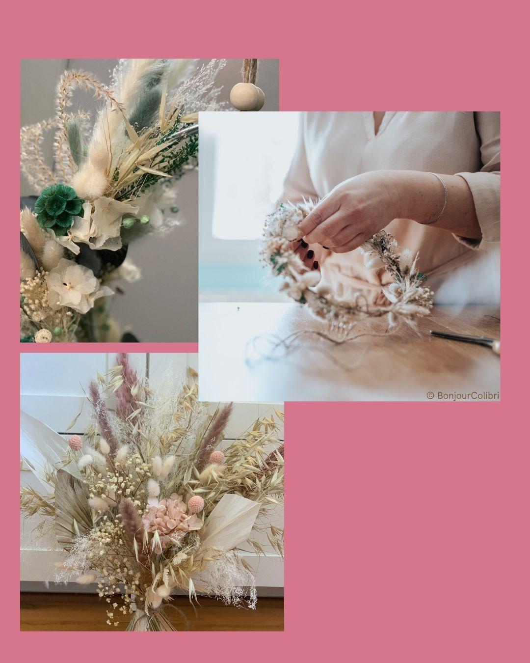 couronne fleur séché stabilisé hortensia champêtre bohême artisanat artisan pics chignon accessoire floral