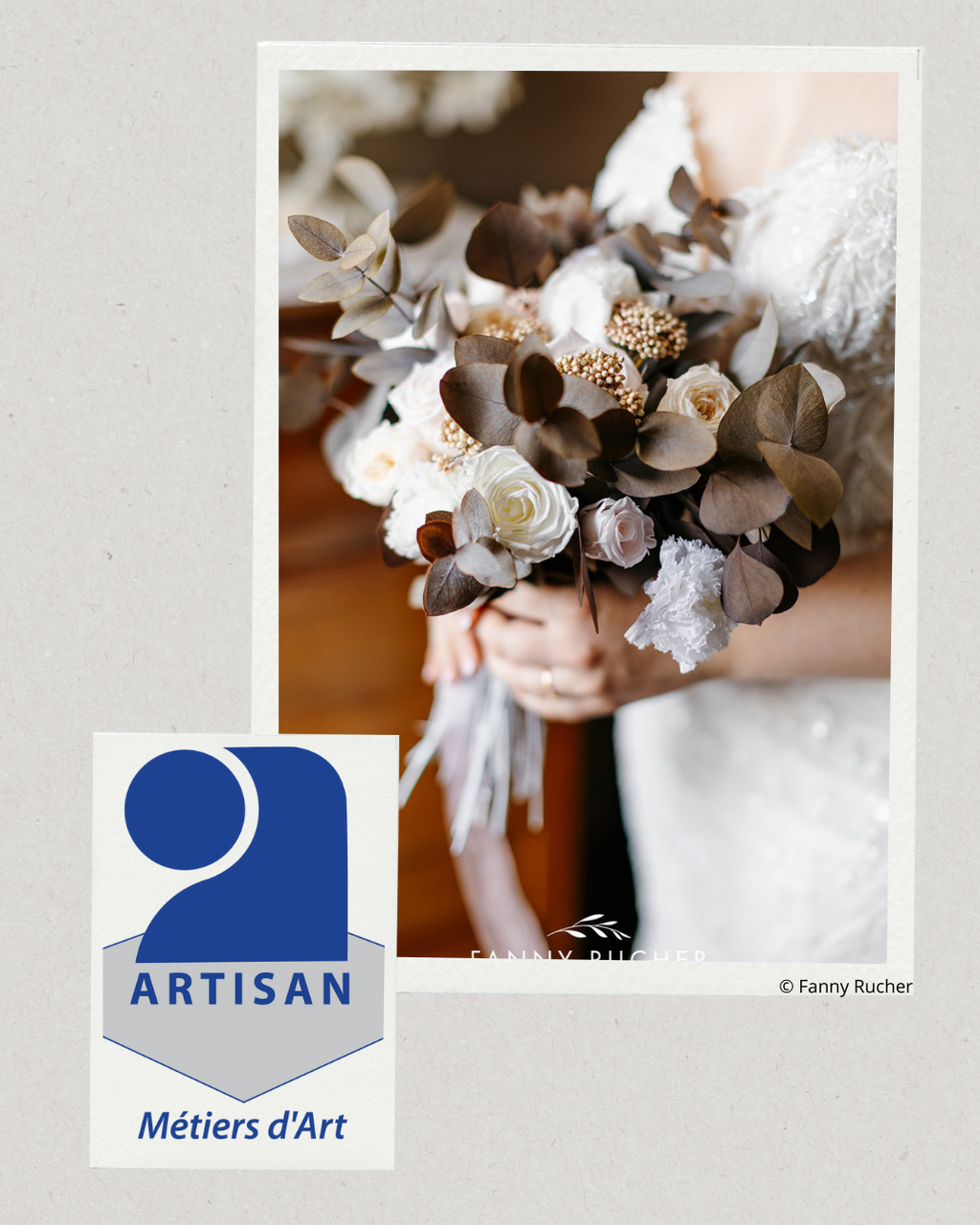 Bouquet mariée romantique fleurs séché stabilisé rose diosmi oeillet eucalyptus 
naturel rose poudré blanc vert sauge logo artisan artisanat savoir faire