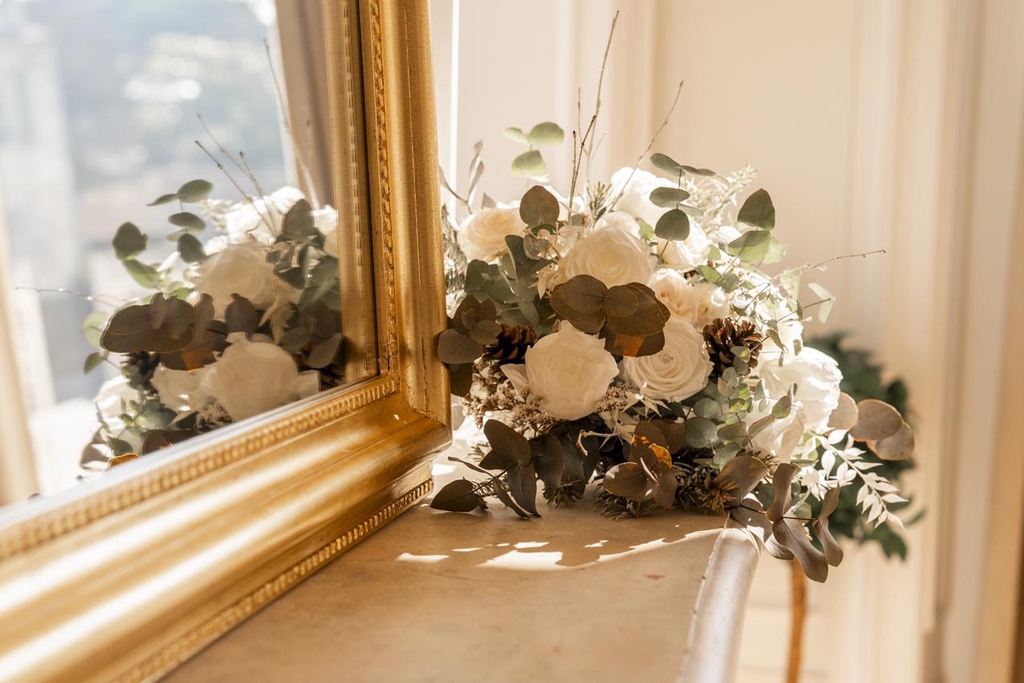 bouquet mariée romantique rose eucalyptus blanc vert sauge hiver séché stabilisé