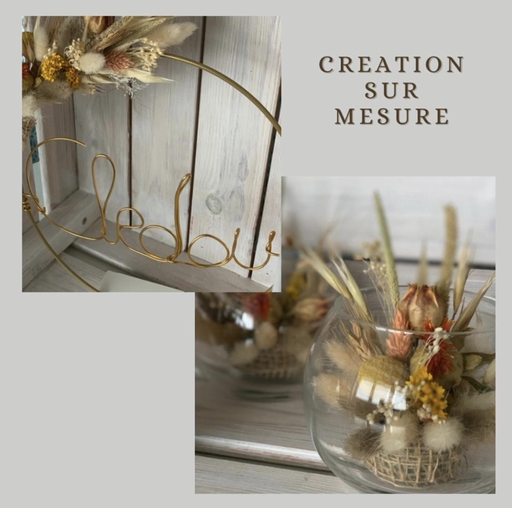 création florale marque cercle doré  fleurs séché stabilisé aquitaine artisan sur mesure vase boule fleuri écriture fil dore alu