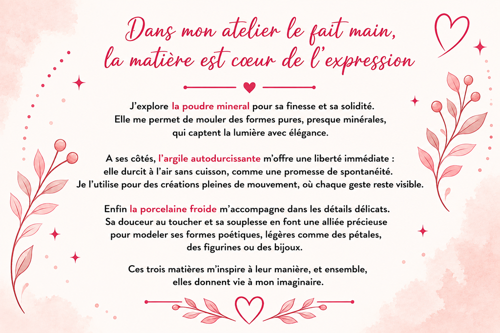 CreaByMelinda - Atelier de créations artisanales : bijoux en porcelaine froide, déco en poudre minérale et argile autodurcissante fait main