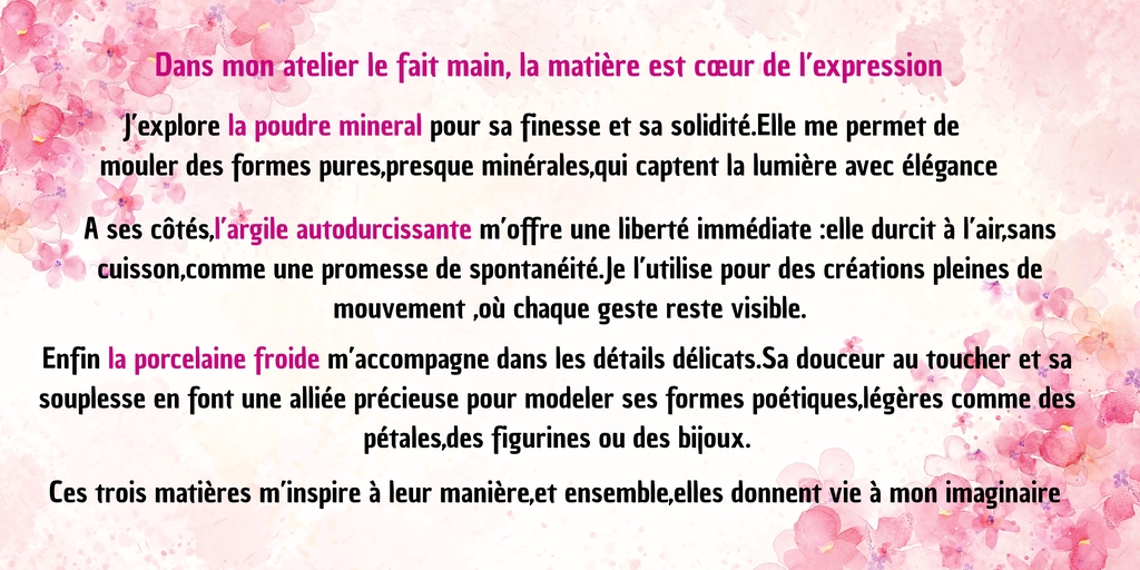 Atelier de créations artisanales fait main utilisant poudre minérale, argile autodurcissante et porcelaine froide pour réaliser bijoux et décorations délicates.