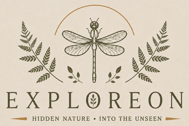 Logo Exploreon: libelle van bovenaf tussen varentakken. Van vleugel tot vleugel een halve cirkel. 
Daaronder EXPLOREON met subtekst hidden nature, into the unseen