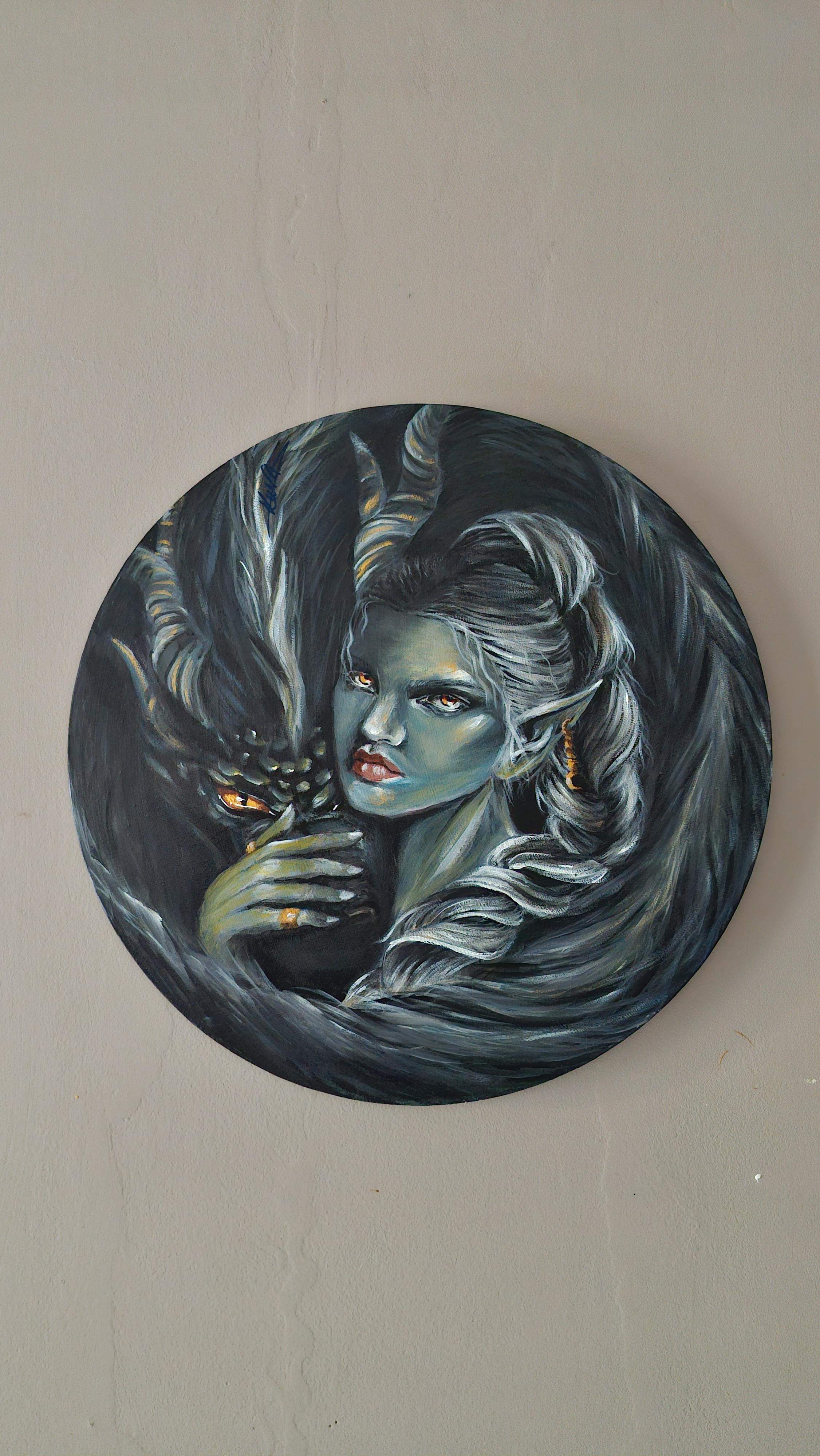 Peinture fantasy femme elfe et dragon – toile ronde art fantastique original