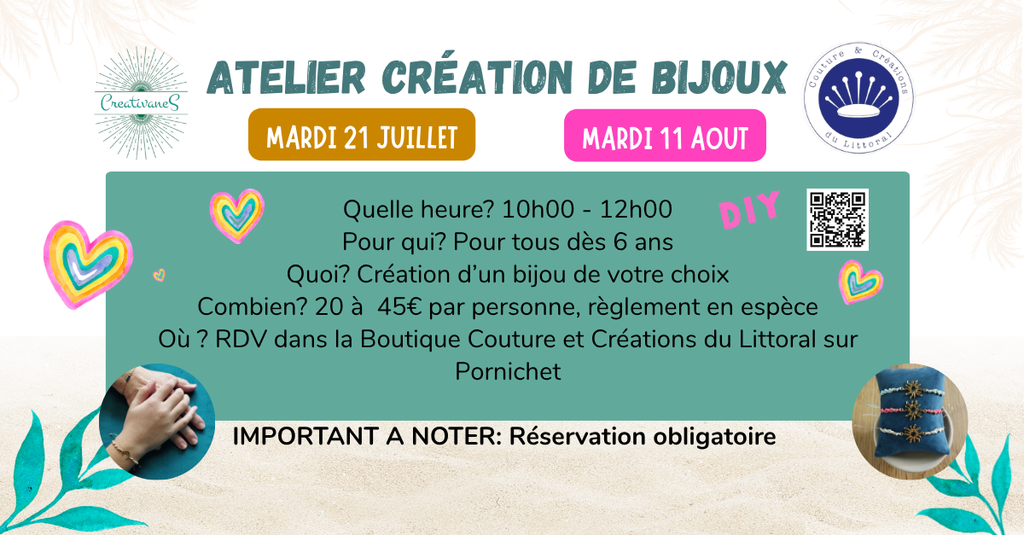 Atelier bijou pour petits et grands, des bracelets, des boucles, des colliers dans le 44 a Pornichet, La Baule, Saint Nazaire