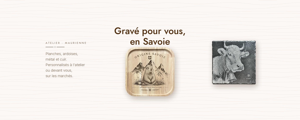 Alnath Design, gravure laser en Savoie : plateau en bois Origine Savoie et vache gravée sur ardoise