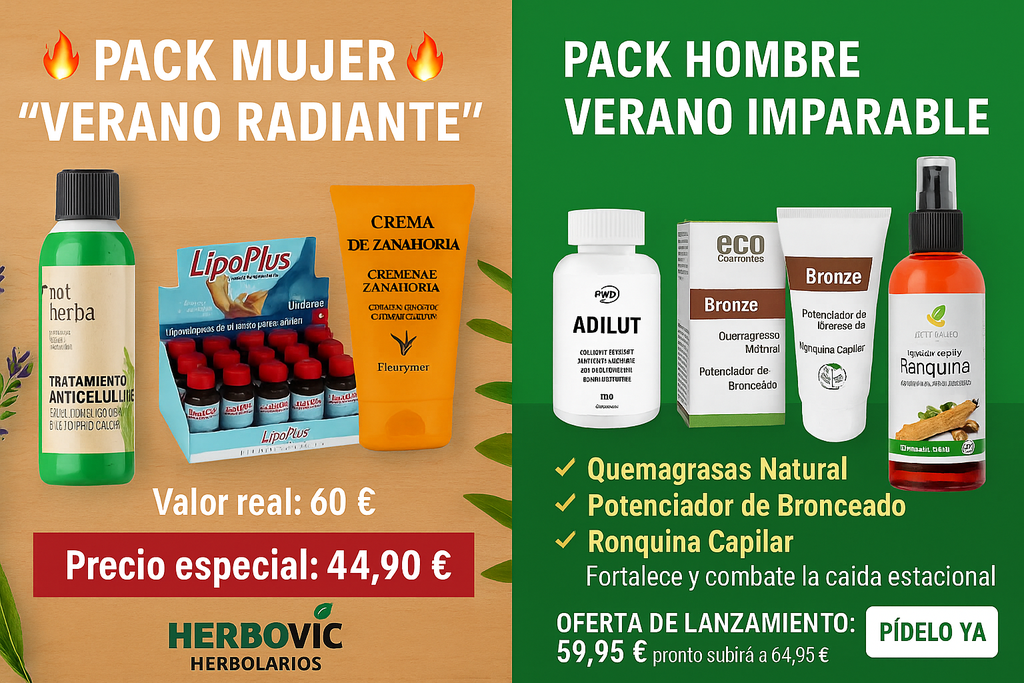 Banner promocional de HerboVic Herbolarios con los Packs Verano: “Verano Radiante” para mujer (anticelulítico, quemagrasas y bronceador) y “Verano Imparable” para hombre (quemagrasas, bronceador y ronquina capilar), con ofertas destacadas y productos 100% naturales
