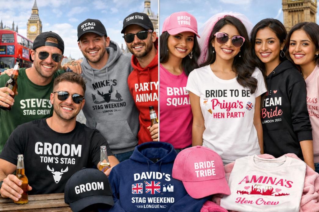 Personalised Stag & Hen Party Clothing
Add your own text, images and designs to T-shirts, hoodies and hats – fully custom, made for your celebration.