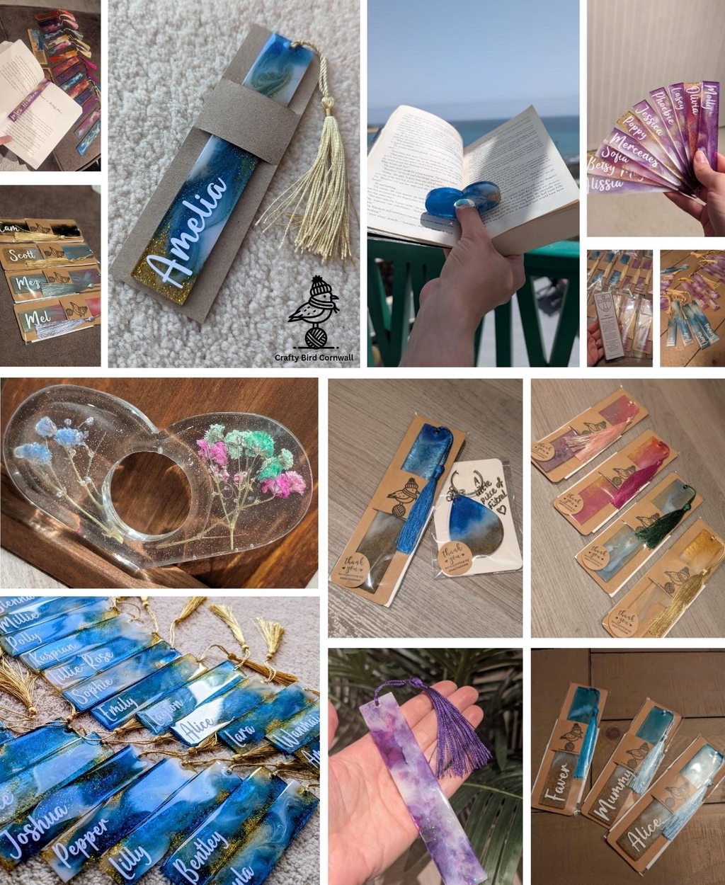 Resin work, including earrings, necklaces, bookmarks and book holders.