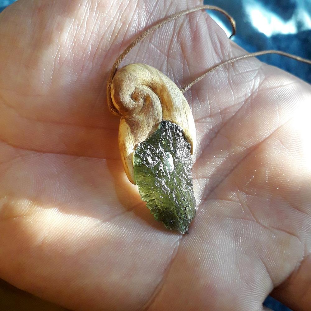 Moldavite Necklaces with Hand Carved Palo Santo Wood