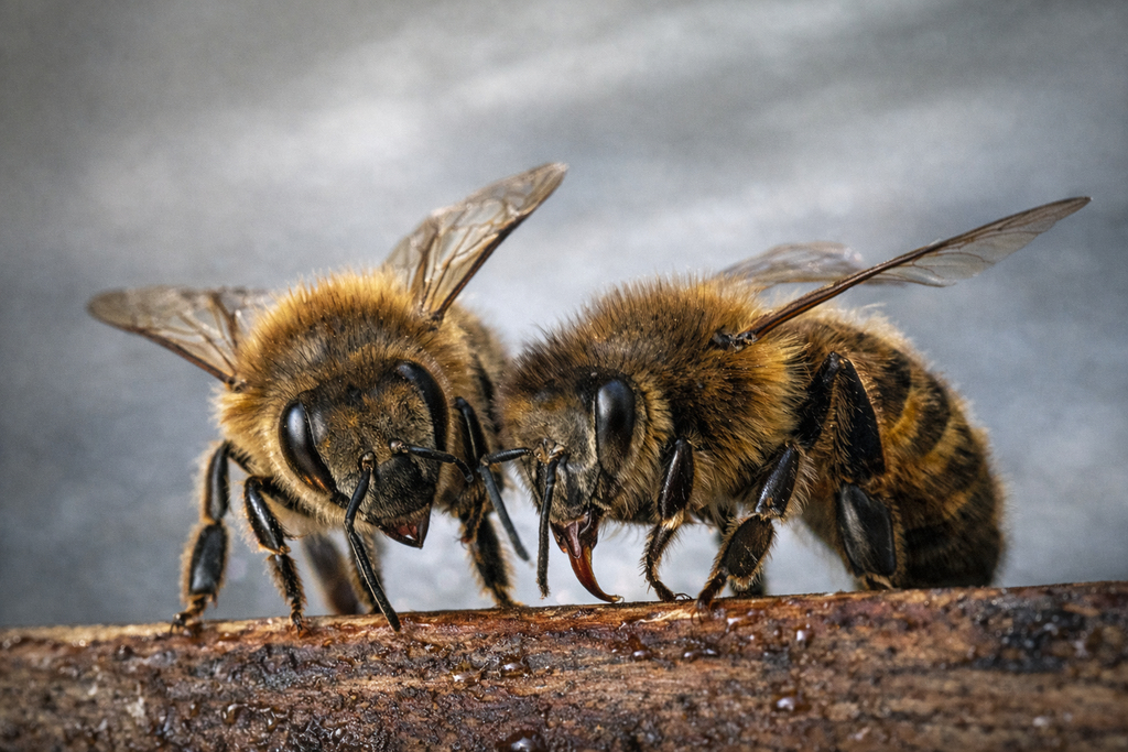 Honey bees from cottage orchard on tree bark. Gwenyn mêl o Cottage Orchard ar risgl coeden.