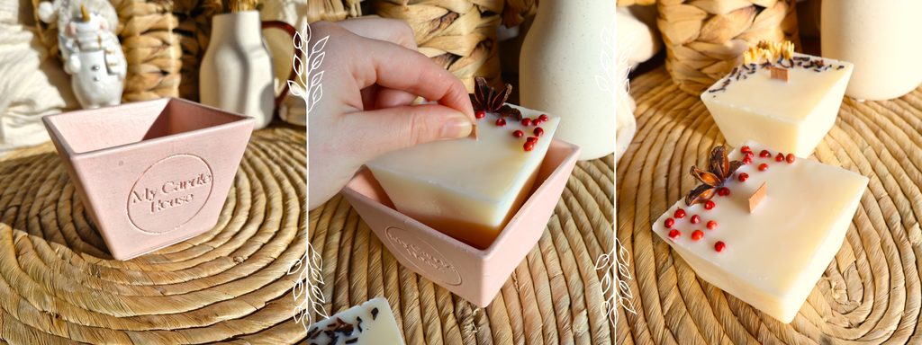 Image de plusieurs recharges de bougie carrée en cire de soja, à côté d'un pot réutilisable en Jesmonite rose/blanc.