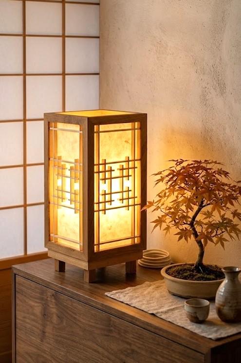 Une table avec une lampe d'ambiance en chêne et tilleul, ornée d'un art kumiko, et un bonsaï à côté. 