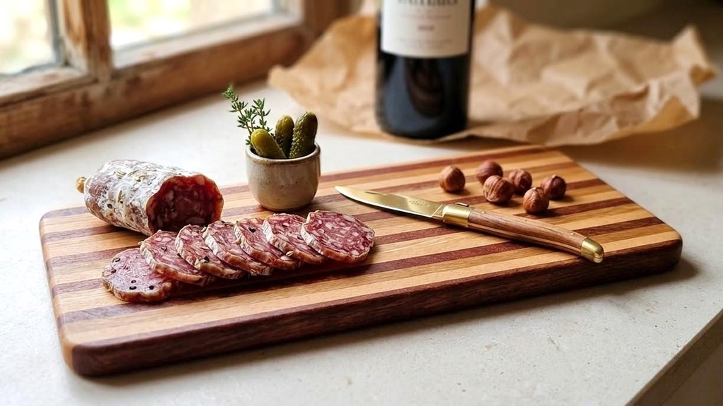 Planche à saucisson artisanale apéritif en bois de chêne hêtre et sapelli