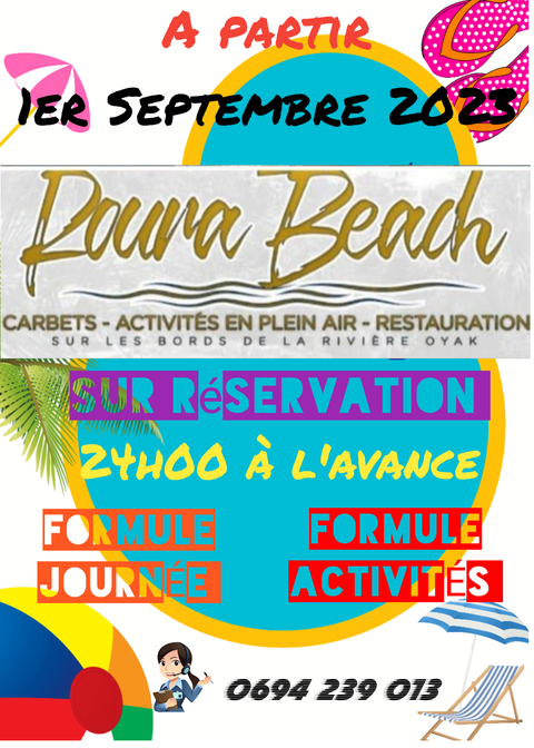 Au bourg de Roura, au bord du fleuve Oyack, Roura Beach vous propose des formules adaptées pour tous : carbet collectif ou privatisé, repas complet, activités de plein air, ...