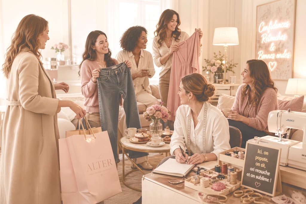 Salon retouches entre amies autour du dressing. Essayage de vêtements lors d’un rendez-vous retouches. Prise de mesures et conseils lors d’un salon retouches. Conseil style et morphologie lors d’un rendez-vous dressing. Vêtements à retoucher lors d’un salon ALTER. Rendez-vous convivial entre amies autour des vêtements et du dressing