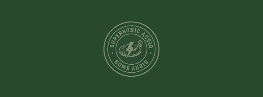 Supersonic Audio brand banner. Deep green background with centered circular logo. Premium home audio.