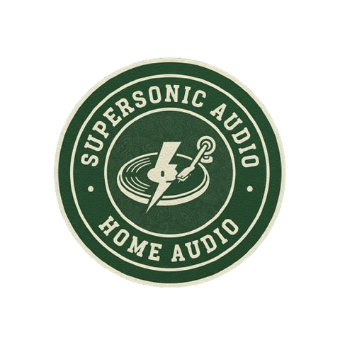 Supersonic Audio brand banner. Deep green background with centered circular logo. Premium home audio.