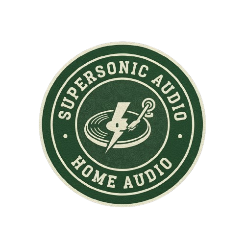 Supersonic Audio brand banner. Deep green background with centered circular logo. Premium home audio.