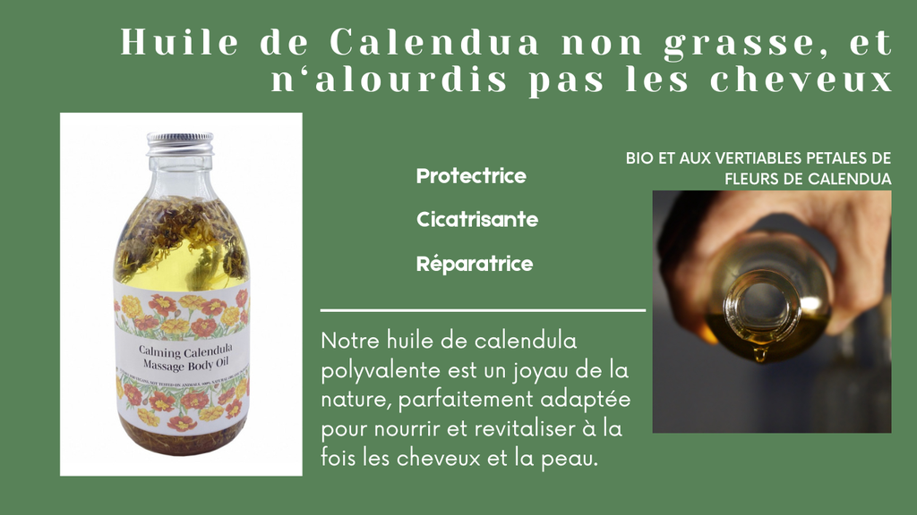 Notre huile de calendula polyvalente est un joyau de la nature, parfaitement adaptée pour nourrir et revitaliser à la fois les cheveux et la peau.