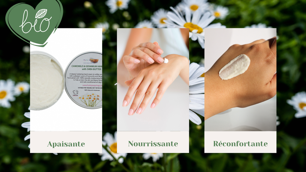 Plongez dans une expérience réconfortante avec notre Crème Mains Naturelle et Bio, nourrissante, apaisante et revitalisante grâce à la camomille, au beurre de karité et au géranium.