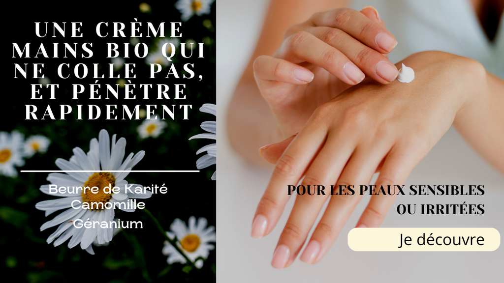Découvrez notre Crème Mains Naturelle et Bio, infusée de camomille, beurre de karité et géranium. Nourrissez vos mains en profondeur avec cette formule apaisante et riche en ingrédients biologiques.