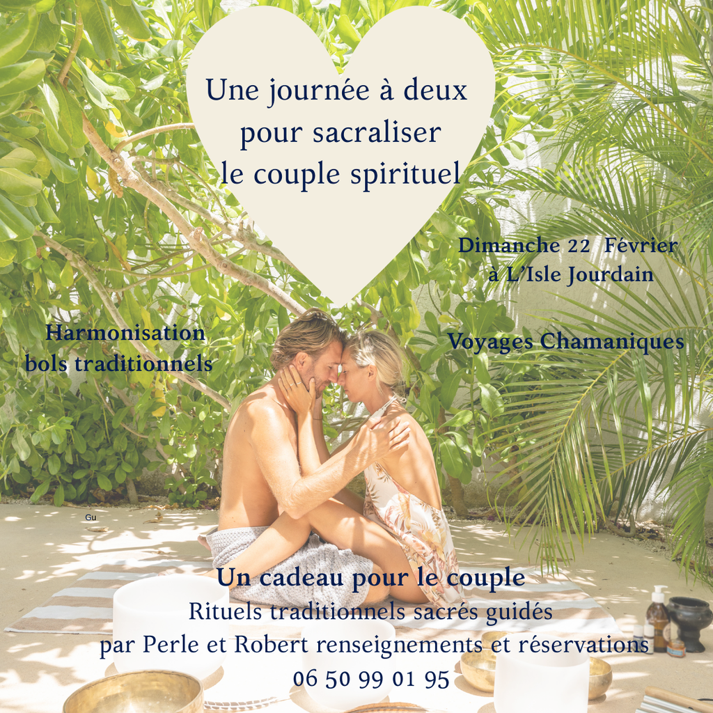 La Journée de guérison chamanique et bols tibétains pour couples du 22 février 2026 est pensée pour vous offrir un espace de reconnexion profonde, où chaque partenaire peut se recentrer, s’apaiser et retrouver un lien plus authentique.

Cette journée unique agit comme une véritable parenthèse sacrée dédiée au couple, permettant de :

vous écouter au-delà des mots,

relâcher les tensions émotionnelles,

réharmoniser votre énergie à deux,

comprendre ce qui se rejoue dans votre relation,

redonner du sens à votre union grâce à des pratiques chamaniques et vibratoires.

Guidée par les soins chamaniques, le voyage intérieur, les bols tibétains et un accompagnement sensible, cette expérience favorise la guérison du lien, la communication consciente, la compréhension mutuelle et la réparation des blessures anciennes, qu’elles soient karmiques, émotionnelles ou relationnelles.

Que vous souhaitiez préserver l’équilibre de votre couple, retrouver la complicité, apaiser une crise ou simplement nourrir un amour profond, cette journée offre un cadre bienveillant pour explorer votre histoire à deux et ouvrir une nouvelle phase plus alignée et sereine.