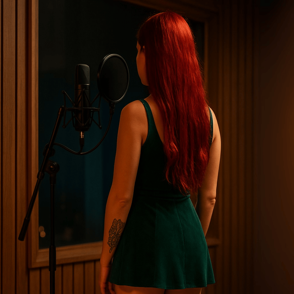 Sängerin mit roten Haaren im Tonstudio vor einem Mikrofon – Symbolbild für die Produktion personalisierter Songs bei GorCreate und Eppulze Beats.