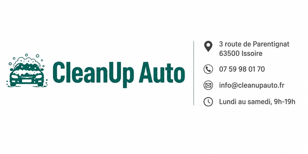 CleanUp Auto, 3 route de Parentignat 63500 Issoire - Tél. 07 59 98 01 10 - Email info@cleanupauto.fr - Du lundi au samedi, de 9h à 19h