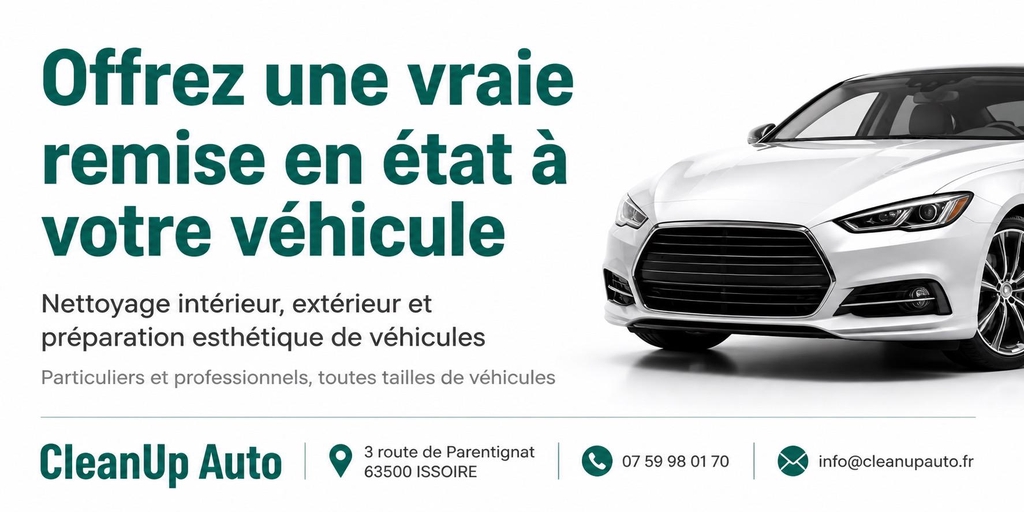 CleanUp Auto, nettoyage intérieur, extérieur et préparation esthétique de véhicules. Particuliers et professionnels, toutes tailles de véhicules. Offrez une vraie remise en état à votre véhicule. Essayez nos formules.