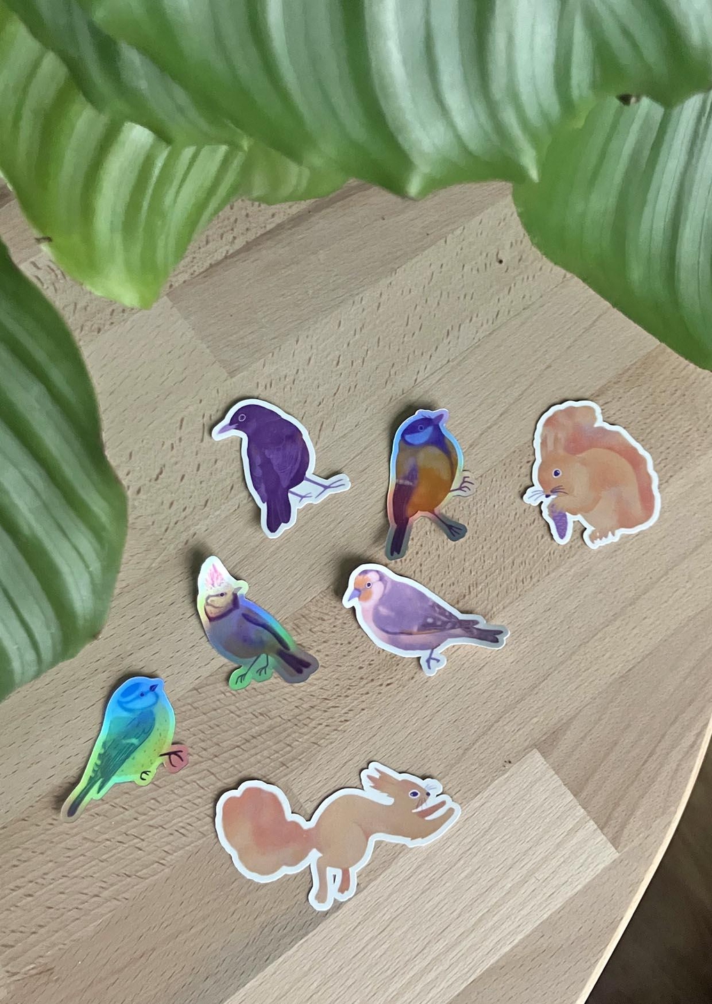 Plusieurs stickers d'oiseaux et d'écureuils