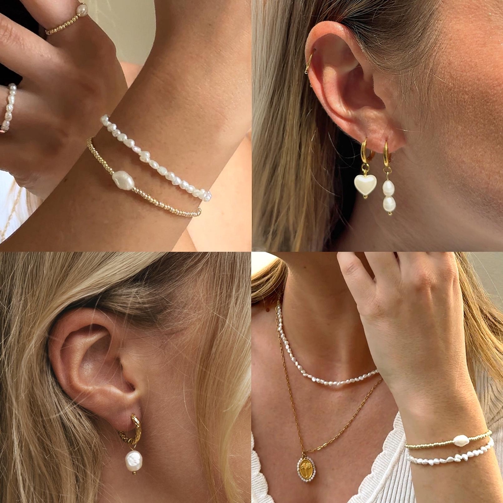 Les bijoux intemporels Hinuii : du blanc et du doré avec des perles d'eau douce naturelles et de l'acier inoxydable