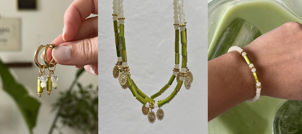 Hinuii lance son ensemble de bijoux bohème vert matcha, marron et doré en acier inoxydable. Une collection automne/hiver 2025
