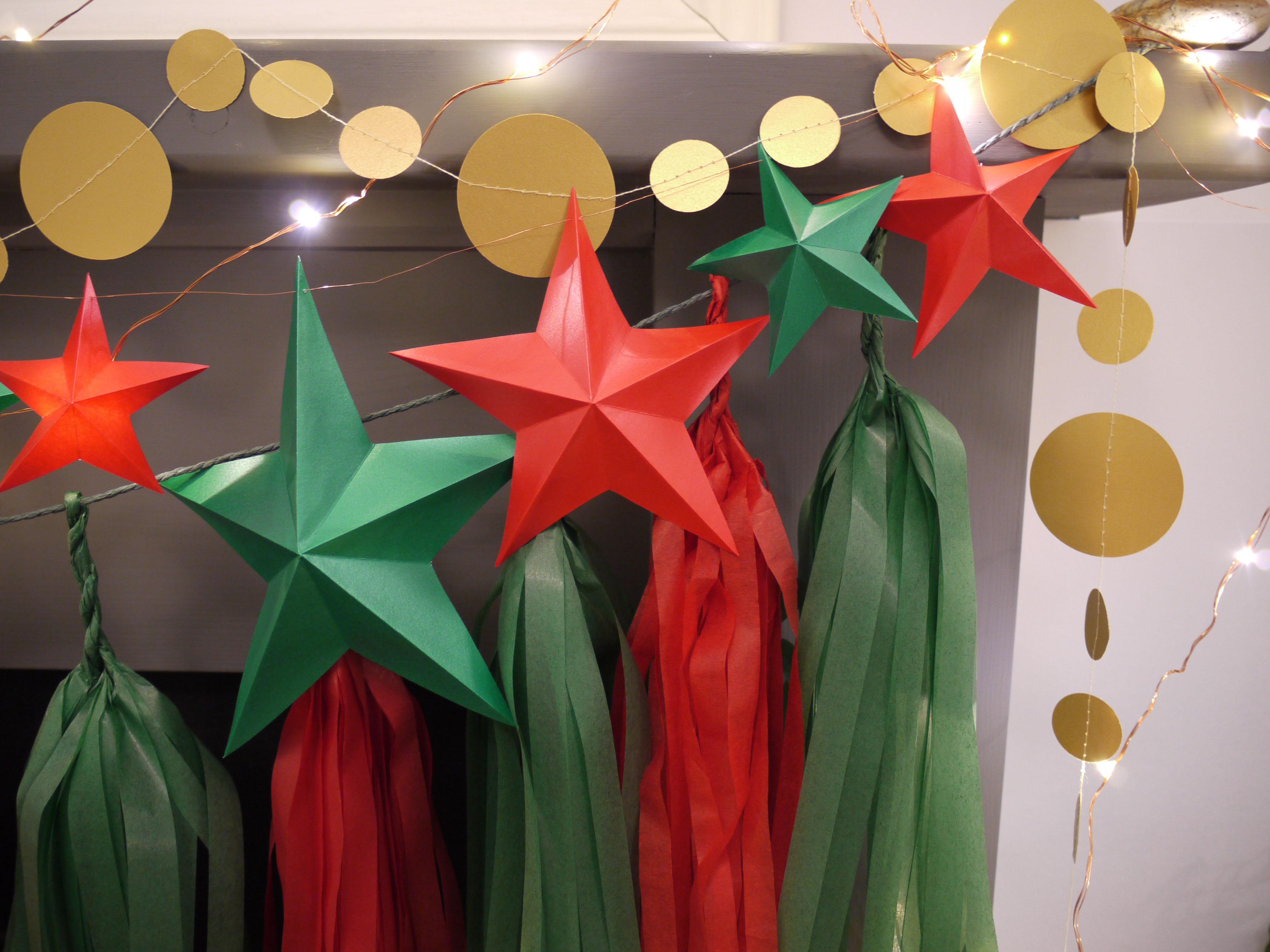 Red, green & gold Christmas decor - large tassels, paper circle garland and DIY star garland