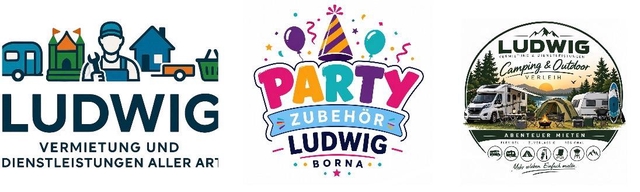 Logos der Firmenbereiche Dienstleistungen, Vermietung, Partyservice, Camping&Outdoor, Catering