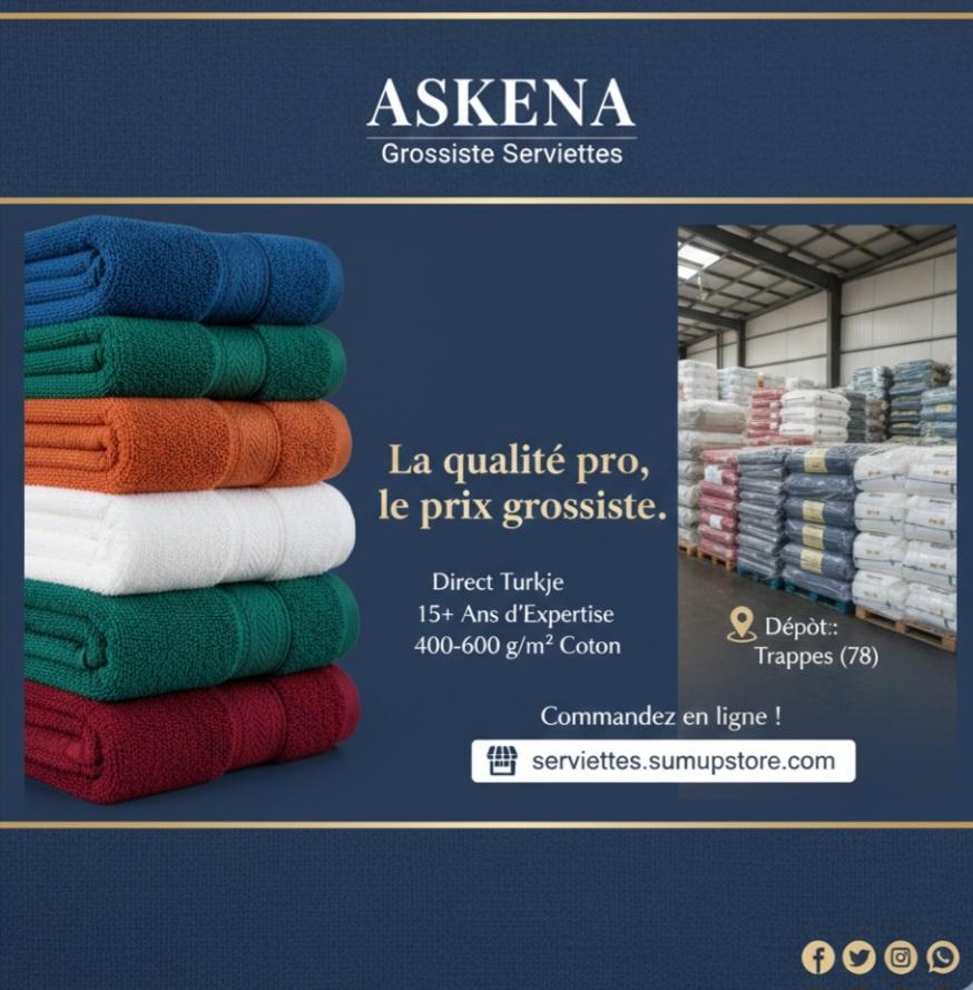 Lots de serviettes éponges et peignoirs qualité pro 400-600g/m² pour hôtels et revendeurs export, fournisseur ASKENA.
Livraison Outre-MerEurope & EEE, Belgique (Bruxelles, Liège, Namur, Charleroi, Mons), Suisse (Genève), Luxembourg, Italie et toute l'Union Européenne.