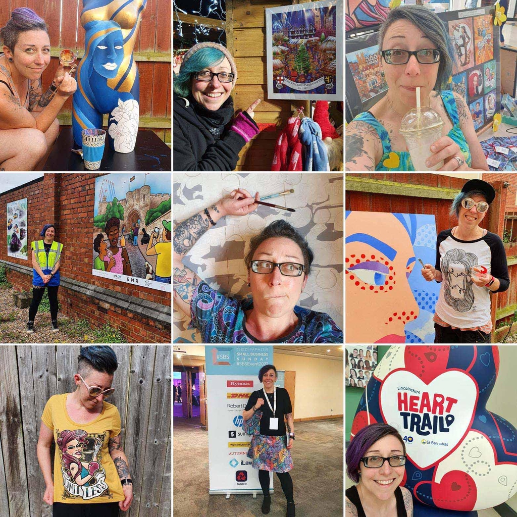A grid of 9 images showing various projects by colourful artist Mel Langton Art.