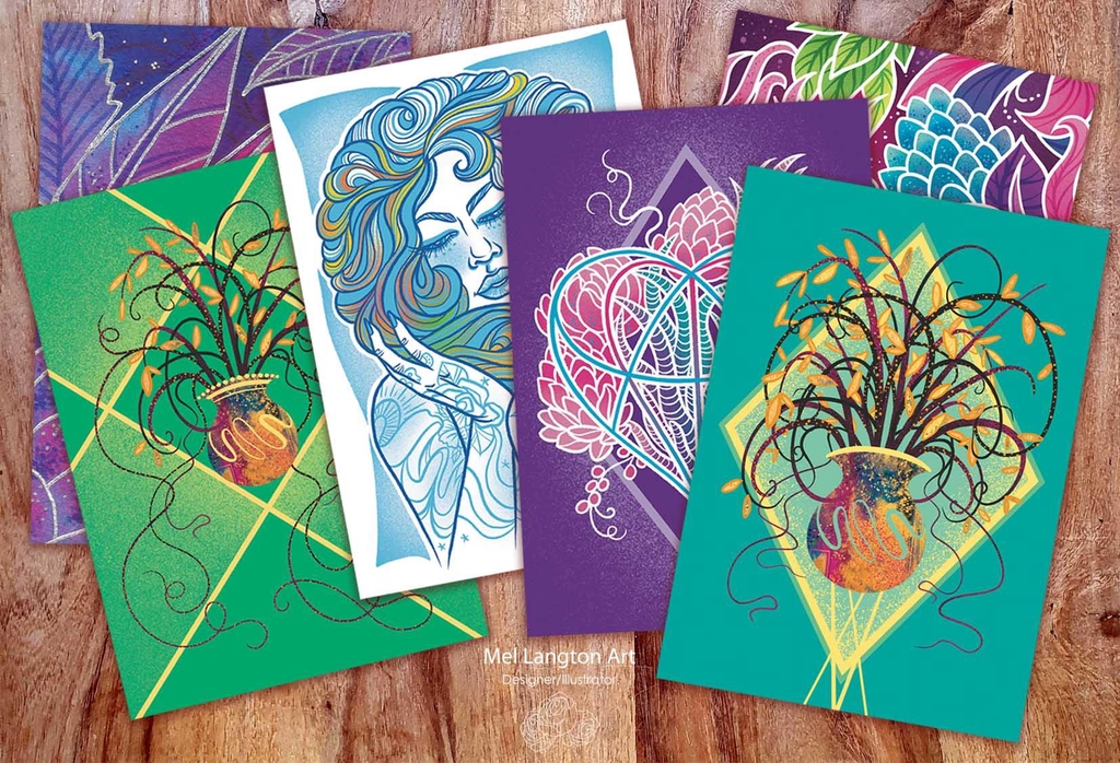 Image of a selection of Mel Langton Art's colourful greeting cards.