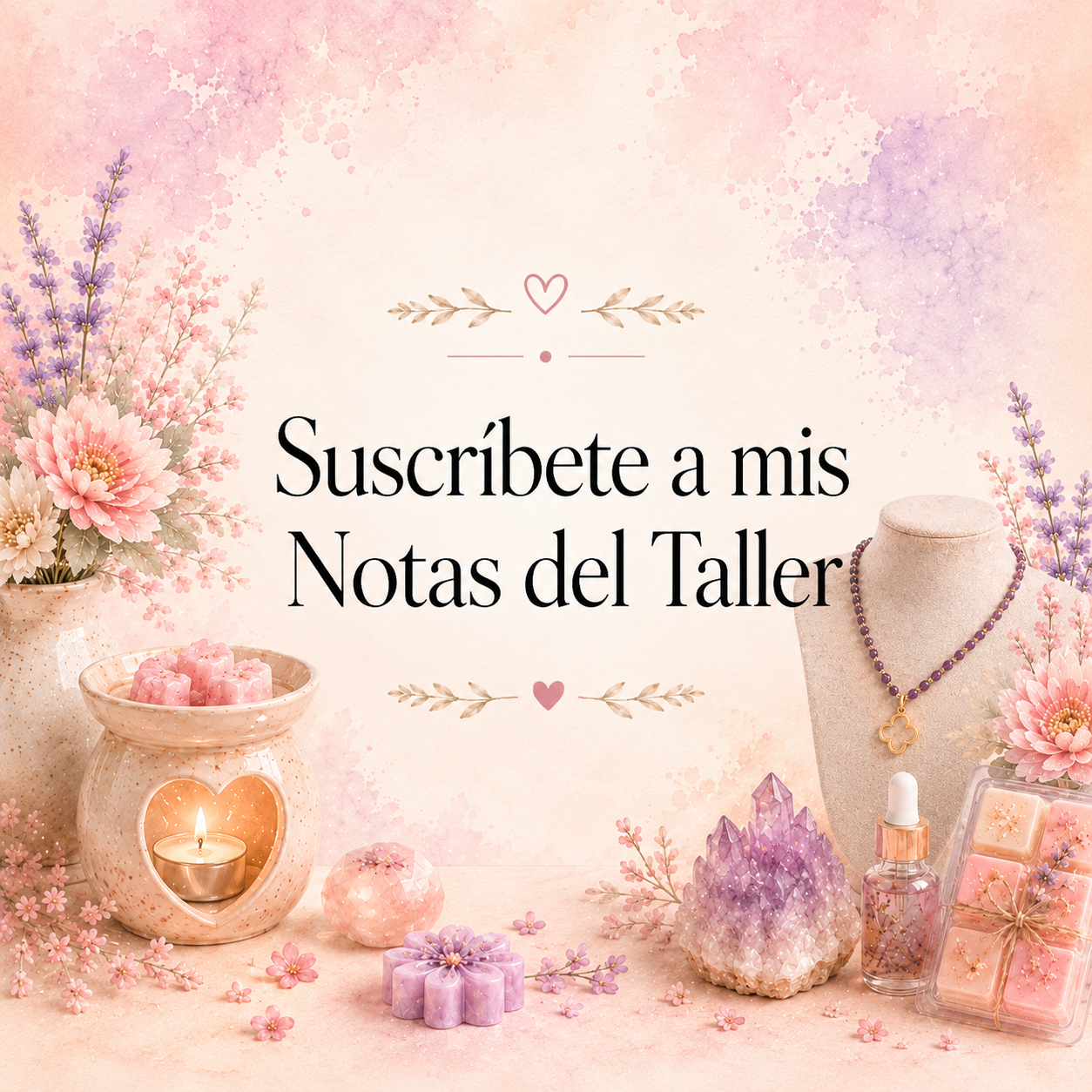 Imagen promocional para suscribirse a las Notas del Taller de Meltsandminerals, con ceras aromáticas, minerales, flores y estética artesanal de bienestar sensorial