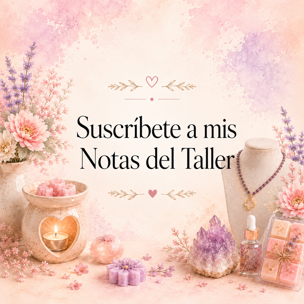 Imagen promocional para suscribirse a las Notas del Taller de Meltsandminerals, con ceras aromáticas, minerales, flores y estética artesanal de bienestar sensorial
