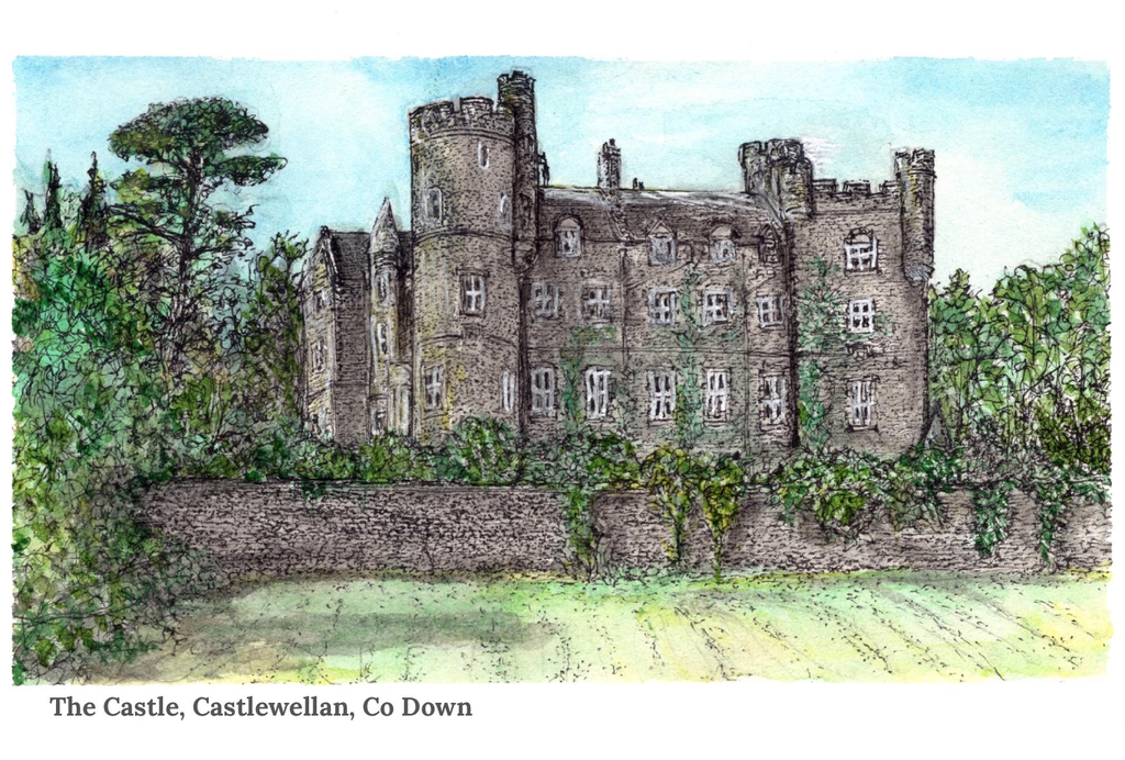 Castlewellan castle postcard drawing 