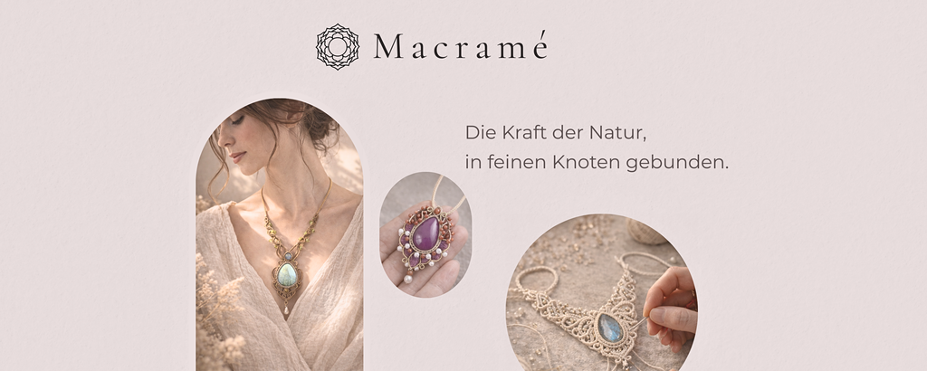 Handgefertigter Macramé-Schmuck mit Edelsteinen und fein geknüpften Details von Kristallflora in Wien