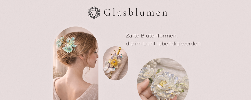 Handgefertigte Glasblumen als Haarschmuck und Schmuckstücke mit zarten Blütenformen von Kristallflora in Wien